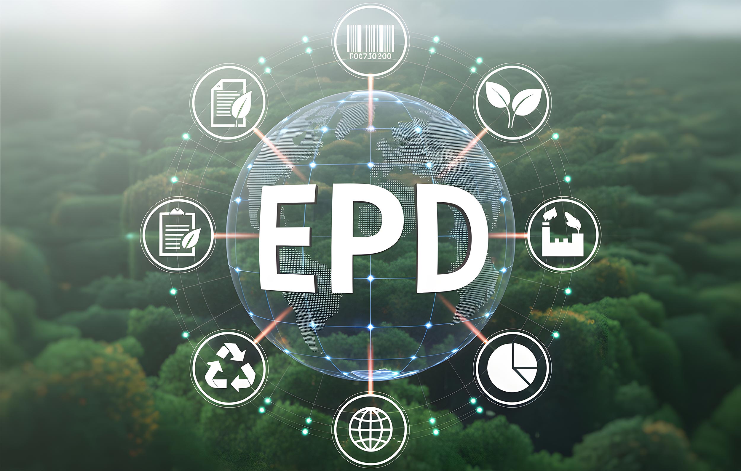 EPD in der Mitte, außen Symbole und Grafiken für Umwelt