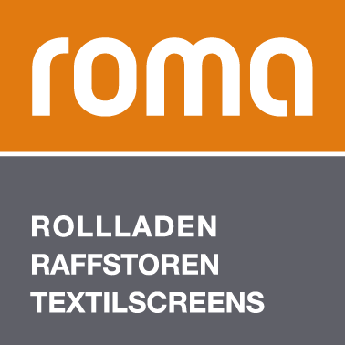 Text: "roma, Rollladen, Raffstore, Textilscreens" auf einem zweifarbigen Quadrat